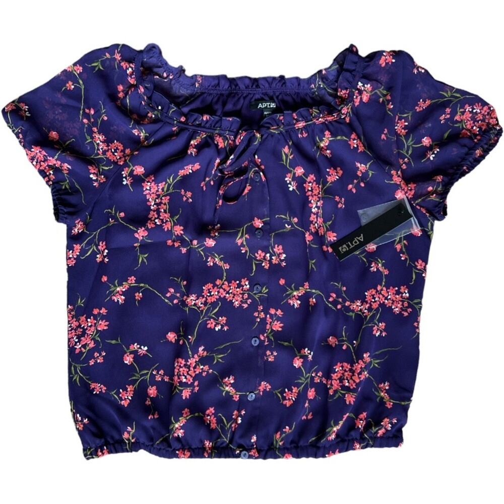 Apt. 9 Purple Floral Peasant Ruffled Short Sleeve Blouse, PM